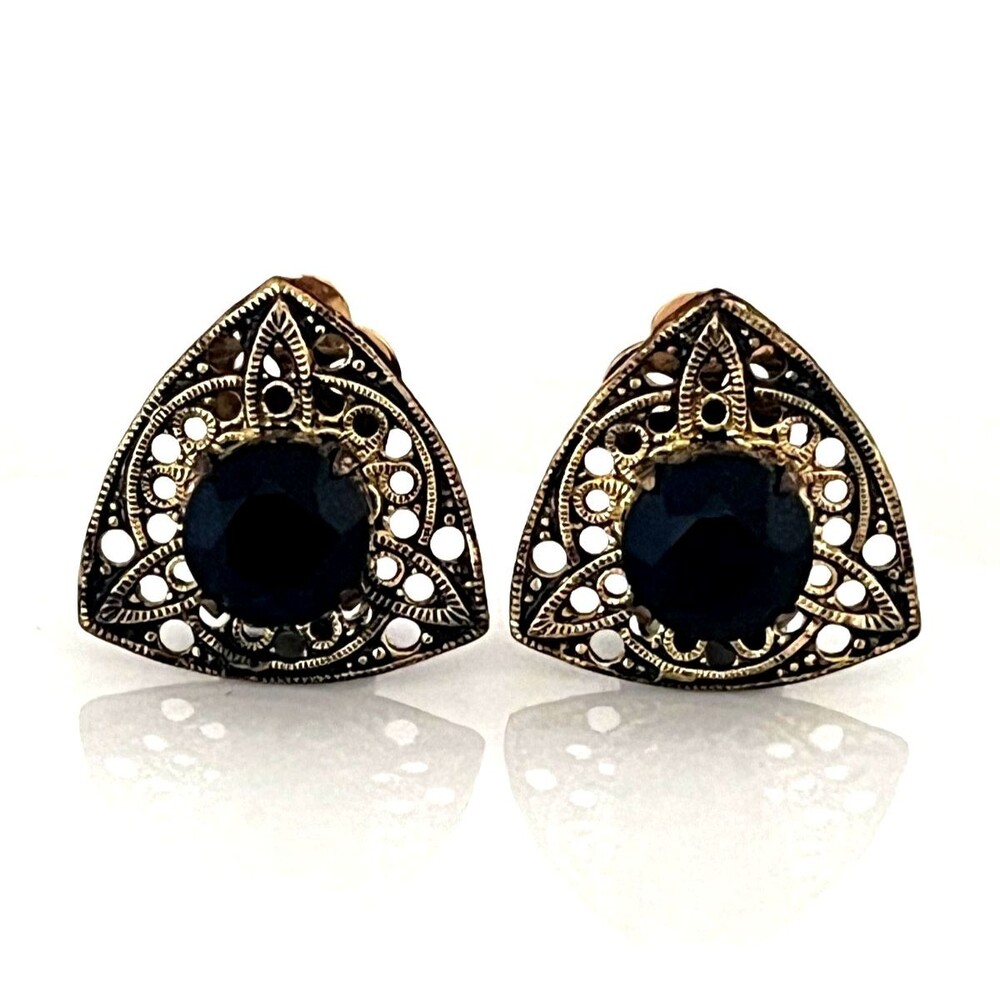 Vintage 1950s Clip Earrings Art Deco Revival Black Czech Glass Filigree - 4N